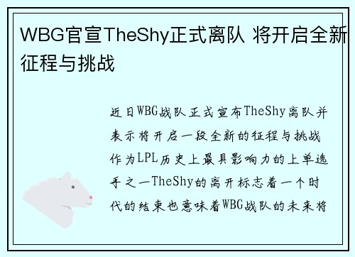 WBG官宣TheShy正式离队 将开启全新征程与挑战